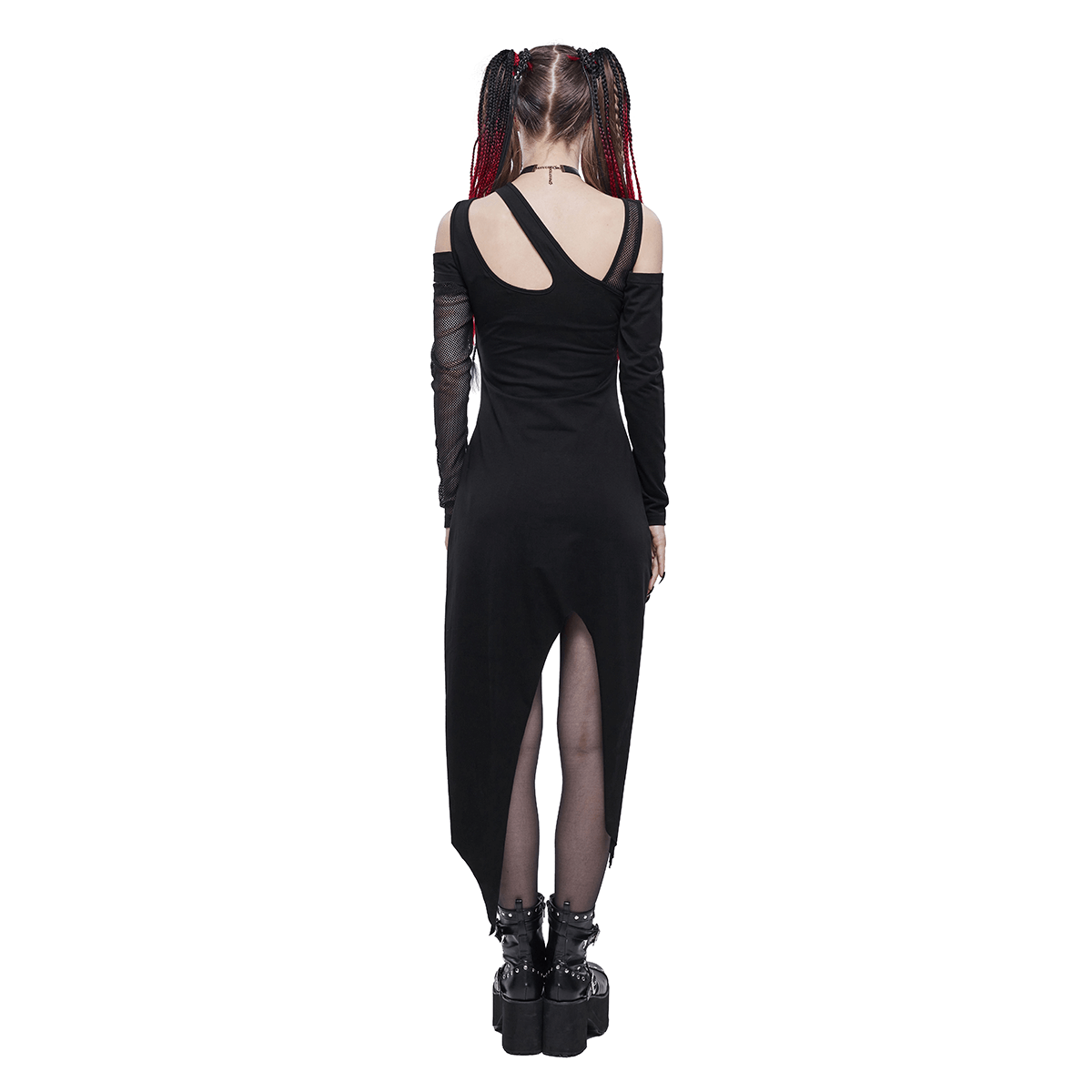 Back view of a women's black irregular cutout mesh splice dress, showcasing gothic style with long sleeves and a split hem.