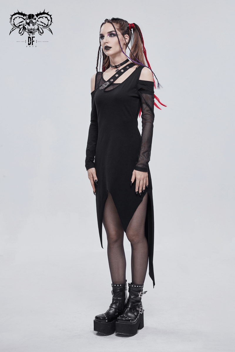 Elegant women's gothic black dress with mesh sleeves, irregular cut, and stylish platform boots.