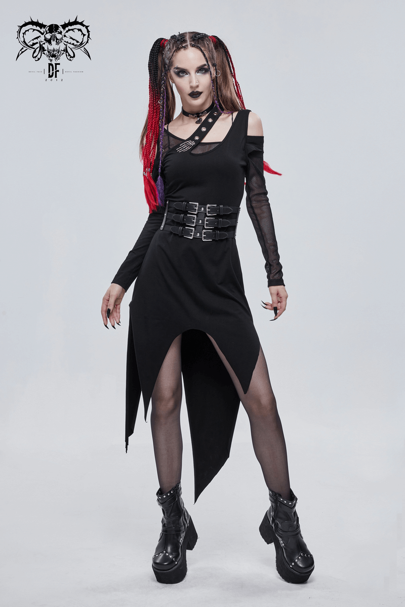 Stylish woman in a gothic black irregular cutout dress with long sleeves and buckles, showcasing edgy fashion.