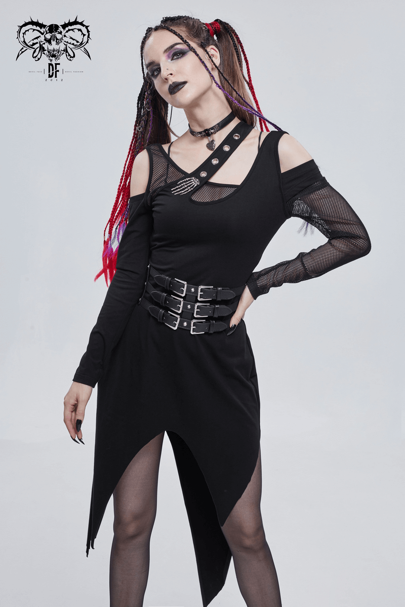 Women's Irregular Cutout Mesh Splice Dress / Gothic Style Long Sleeves Black Dress - HARD'N'HEAVY