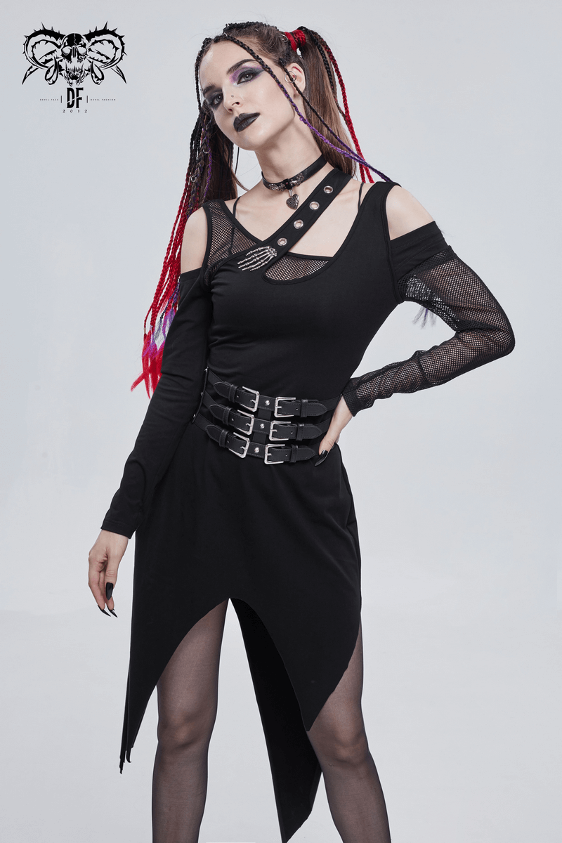 Gothic style women's black irregular cutout dress with long sleeves and mesh details, accessorized for an edgy look.