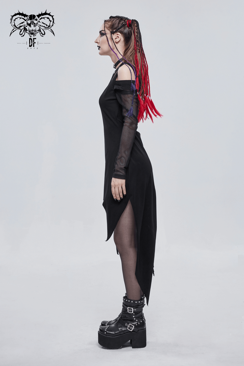 Side view of a woman in a black irregular cutout mesh splice dress, showcasing a gothic style with long sleeves and bold accessories.