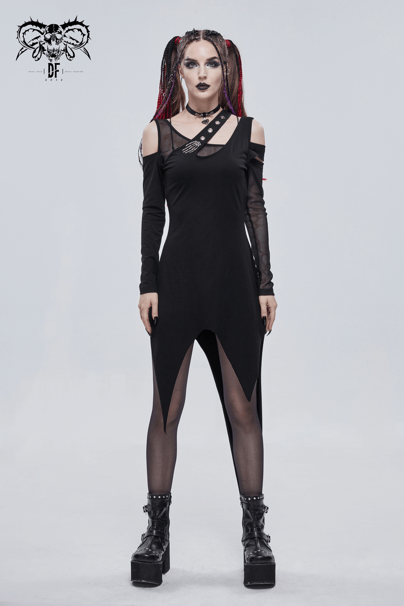 Women's gothic black irregular cutout dress with long sleeves and stylish accessories, perfect for trendy gothic fashion.
