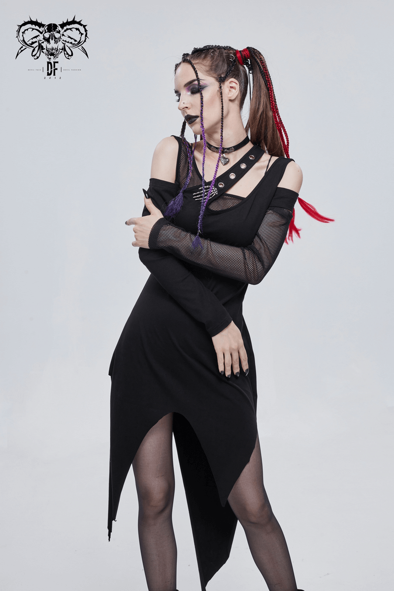 Stylish woman in a gothic black irregular cutout dress with long sleeves and unique accessories.