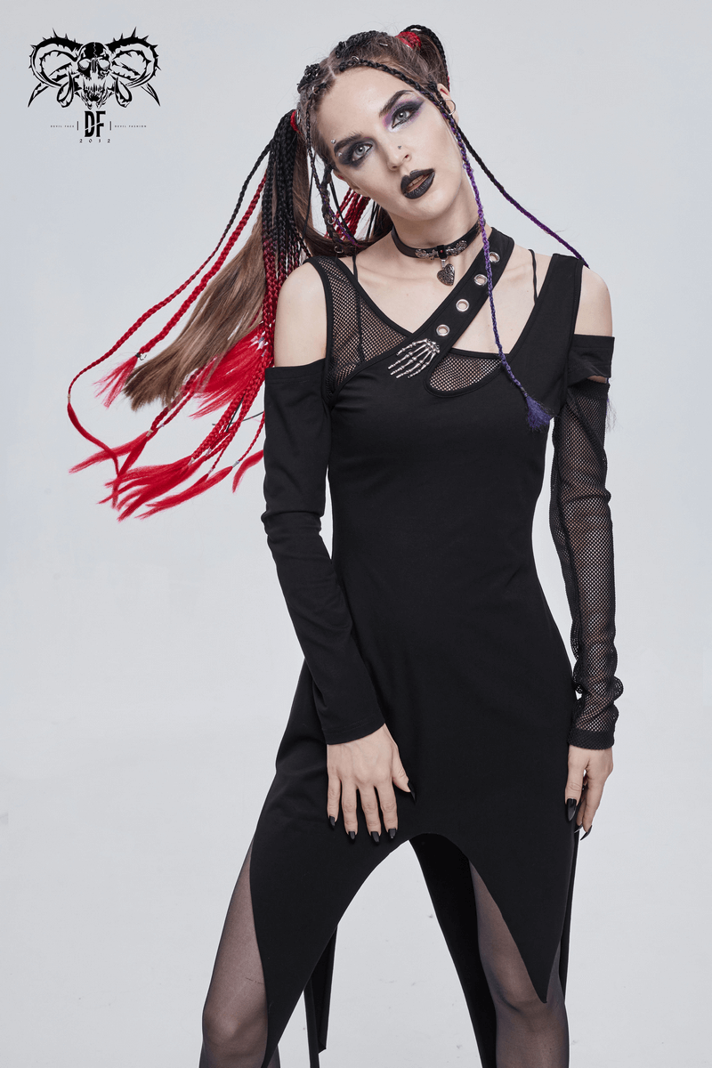 Model showcasing a women's irregular cutout mesh splice black dress in gothic style with long sleeves and edgy accessories.
