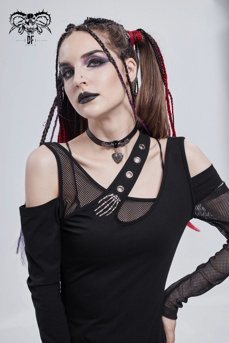 Gothic women's fashion featuring a model in a black cutout dress with mesh sleeves, bold makeup, and edgy accessories.