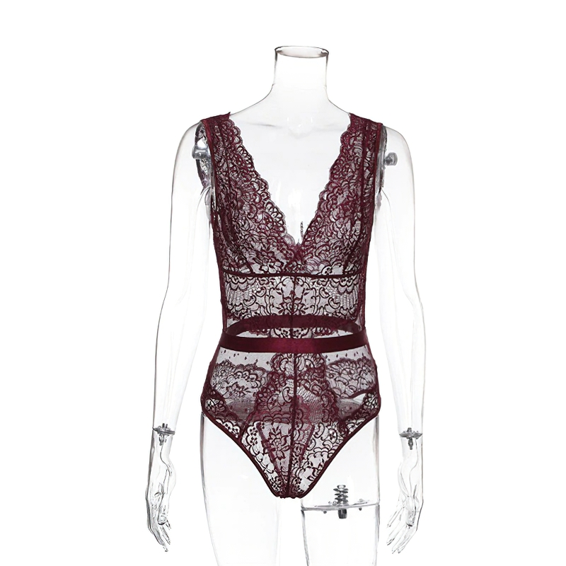 Women's Jumpsuit with Deep V-Neck / Solid Floral Lace Bodysuit for Women - HARD'N'HEAVY