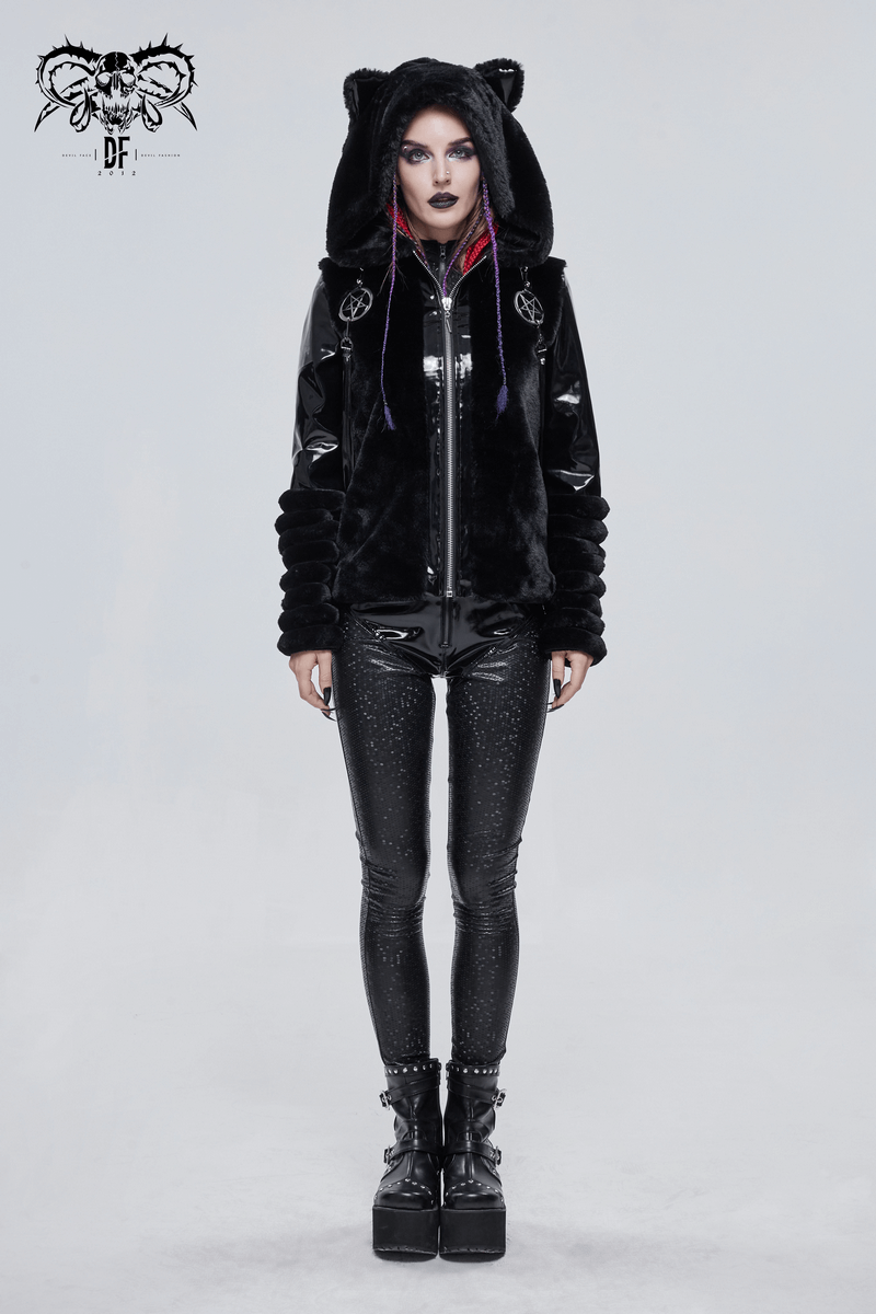 Women's Kitty Eared Fur Hood Jackets / Gothic Jacket with Pentagram Pendants and Straps - HARD'N'HEAVY