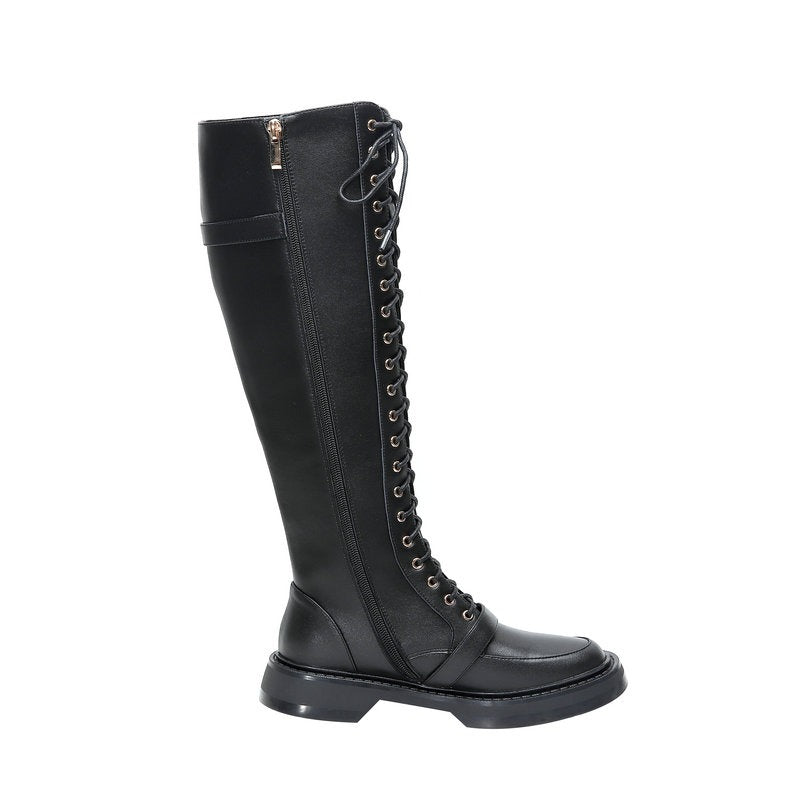 Women's Knee High Boots fashion / Genuine Leather Boots with Round Toe / Lace-Up Knee High Boots - HARD'N'HEAVY