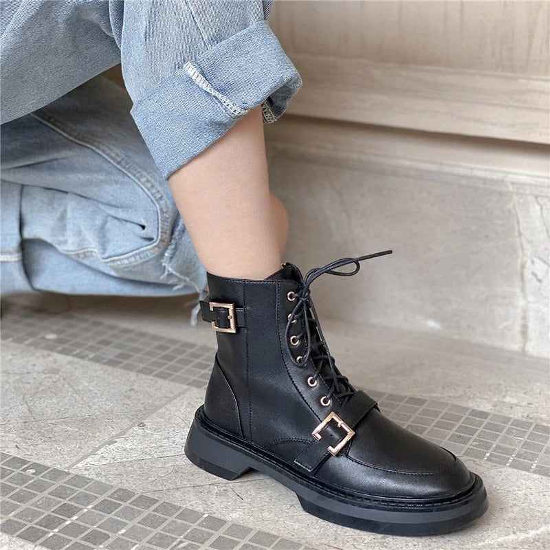 Women's Knee High Boots fashion / Genuine Leather Boots with Round Toe / Lace-Up Knee High Boots - HARD'N'HEAVY