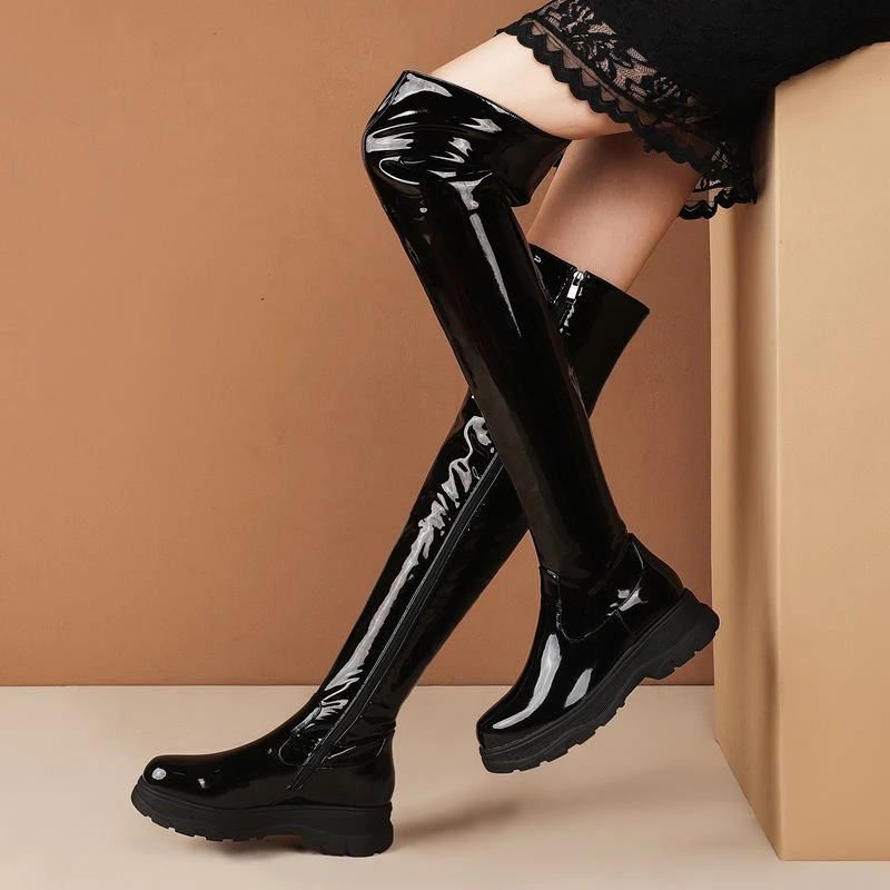 Women's Knee-High Boots / Fashion Zipper Leather Shoes / Female Black Stretch Boots - HARD'N'HEAVY