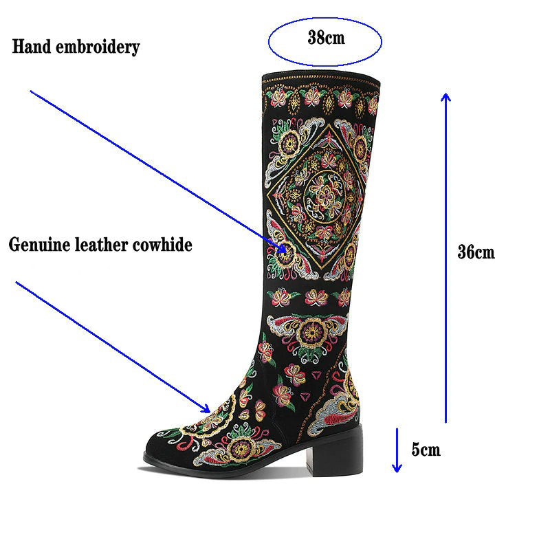 Women's knee-high boots with colorful hand embroidery and genuine leather, featuring a thick heel and comfortable zip.