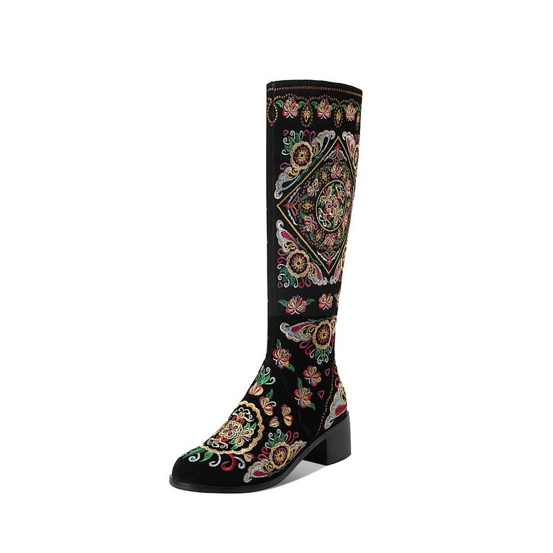 Women's knee-high boots with colorful ethnic embroidery in black cow suede and thick heels.