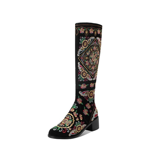 Women's Knee High Boots with Embroidery / Genuine Leather Zipper Boots / Thick Heels Shoes
