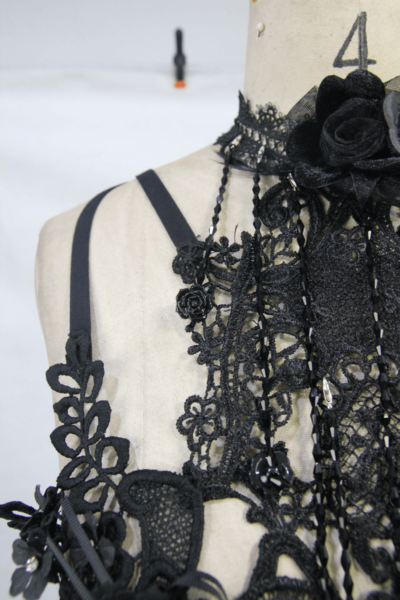 Women's Lace Harness with 3D Flowers / Gothic Chest Strap with Detachable Glass Diamonds - HARD'N'HEAVY