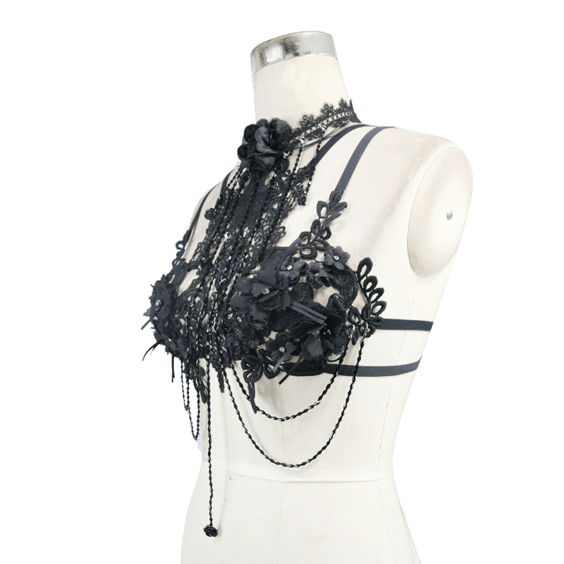 Women's gothic lace harness adorned with 3D flowers and detachable glass diamonds, perfect for a unique fashion statement.