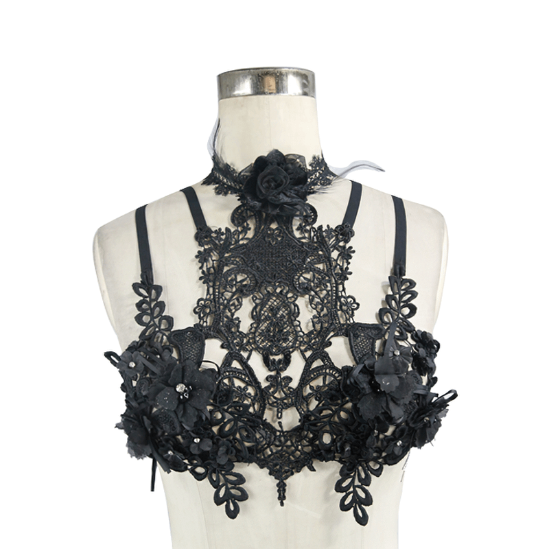Women's Gothic Lace Harness with 3D Flowers and Detachable Glass Diamonds on display.
