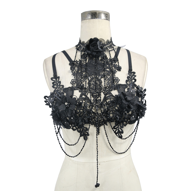 Women's Lace Harness with 3D Flowers / Gothic Chest Strap with Detachable Glass Diamonds - HARD'N'HEAVY