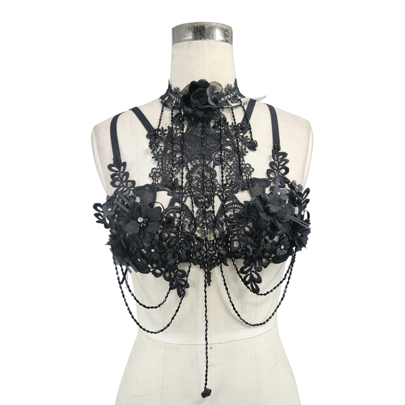 Gothic women's lace harness with 3D flowers and detachable glass diamonds, perfect for a bold fashion statement.