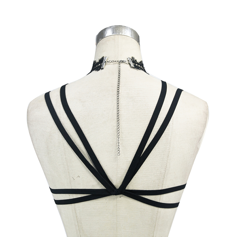 Back view of women's gothic lace harness featuring stylish straps and ornate detailing for a chic look.