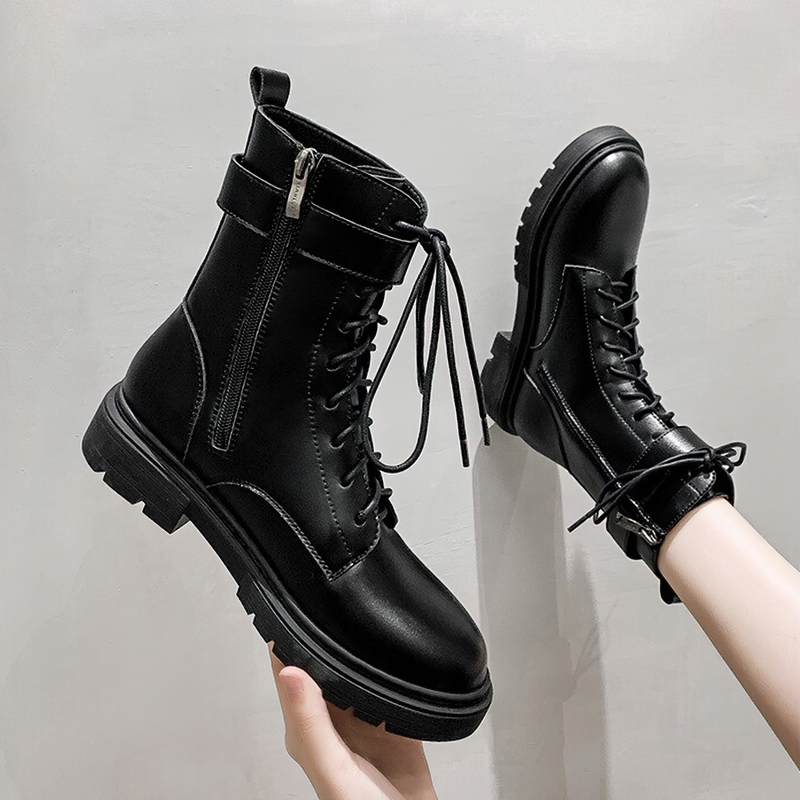 Women's lace-up ankle motorcycle boots in black, featuring stylish buckle and zip design for a chic Gothic look.