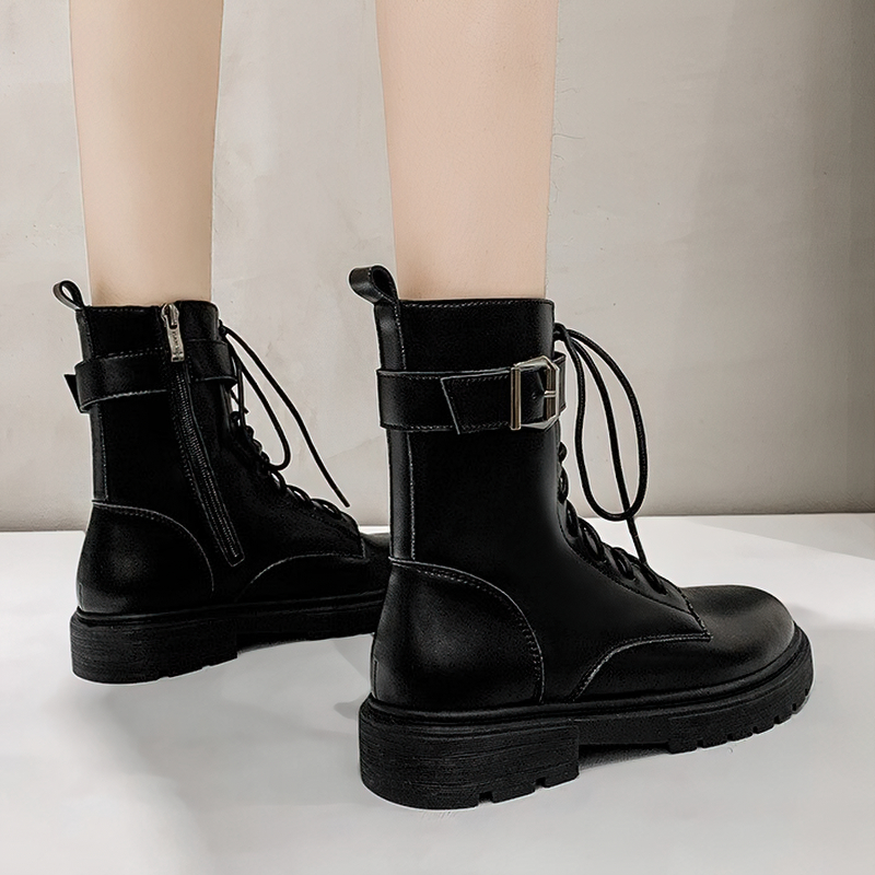 Women's Lace up Ankle Motorcycle Boots / Platform Gothic Shoes With Buckle - HARD'N'HEAVY