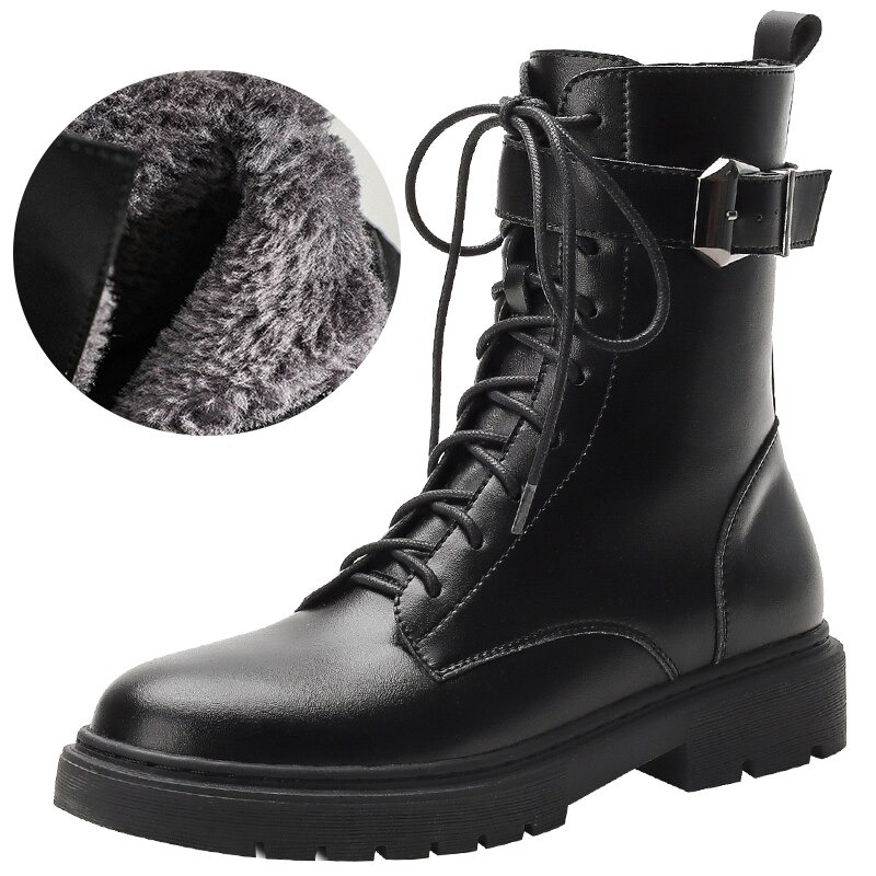 Women's Lace-Up Ankle Motorcycle Boots with buckle, featuring cozy fur lining for ultimate comfort and style.