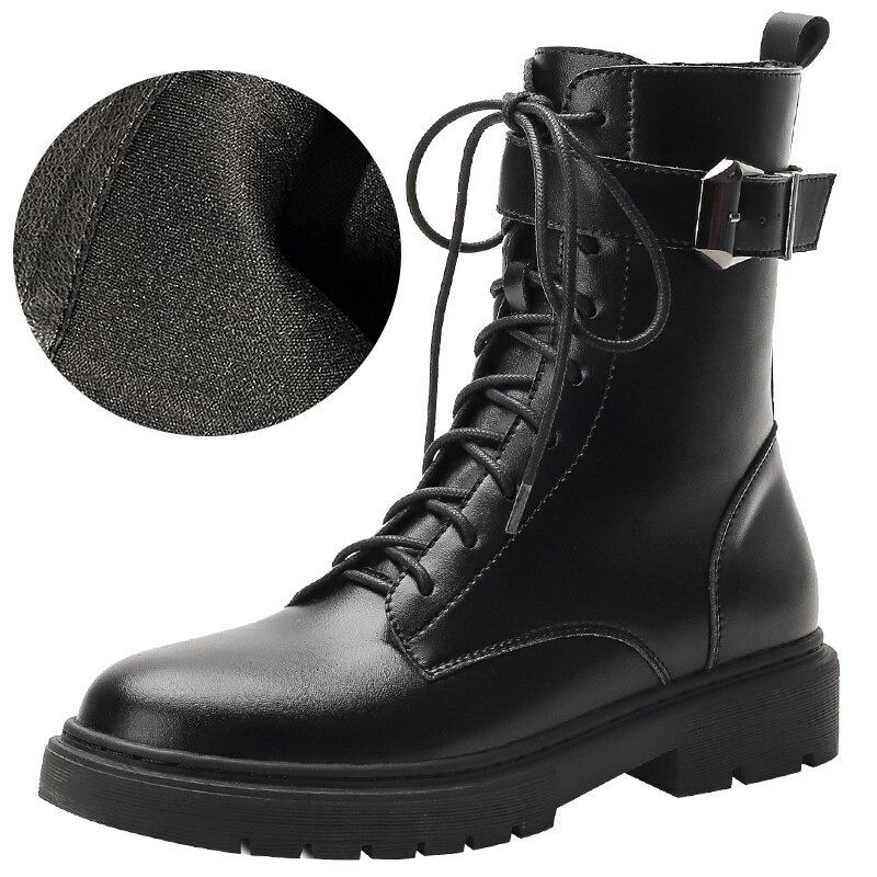 Stylish women's black lace-up ankle motorcycle boots with buckle, showcasing quality microfiber and PU leather construction.