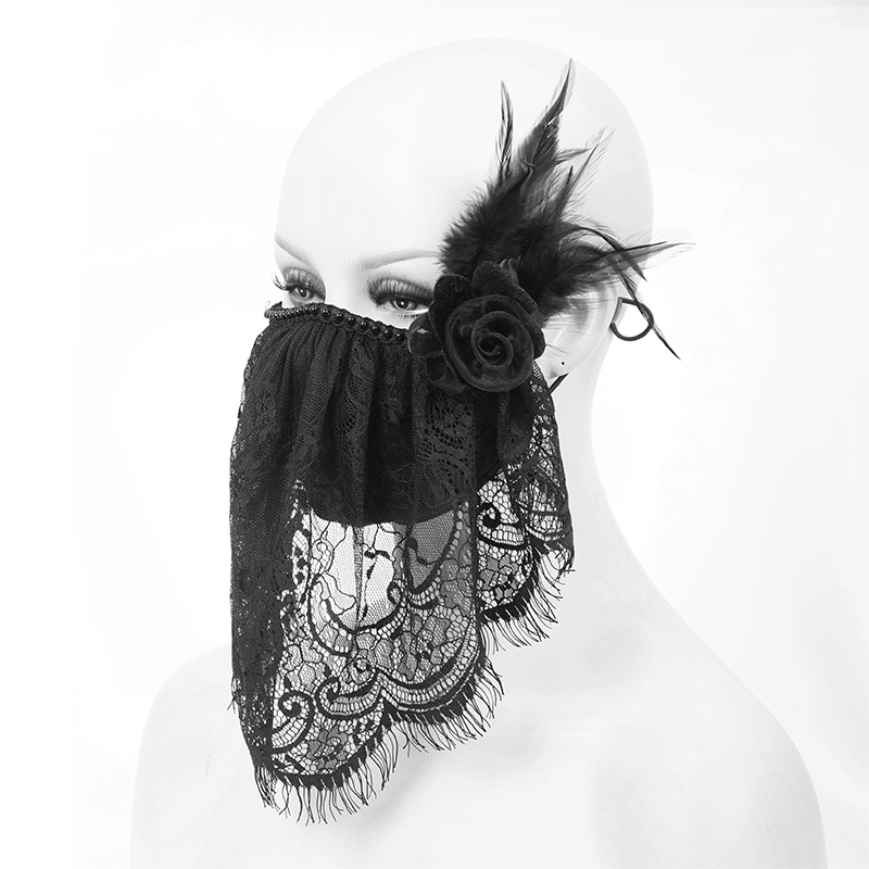 Elegant women's black lace veil face mask with floral accent, perfect for gothic vintage outfits.