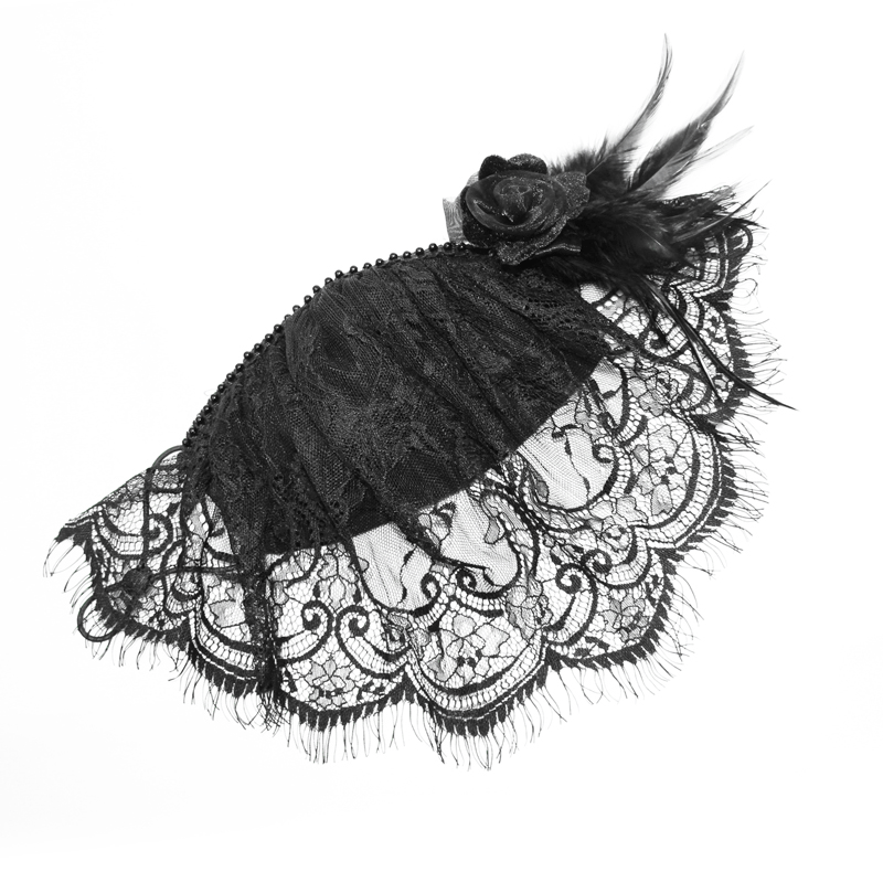 Elegant black lace veil face mask with flower and feathers, perfect gothic vintage accessory for ladies.