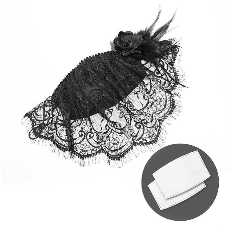 Elegant women's black lace veil face mask with filter pocket and vintage design for gothic outfits.
