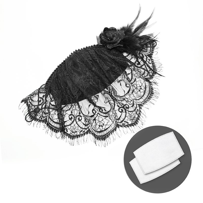 Women's Lace Veil Face Mask With Filter / Elegant Ladies Black Mack With Detachable Flower & Feather - HARD'N'HEAVY