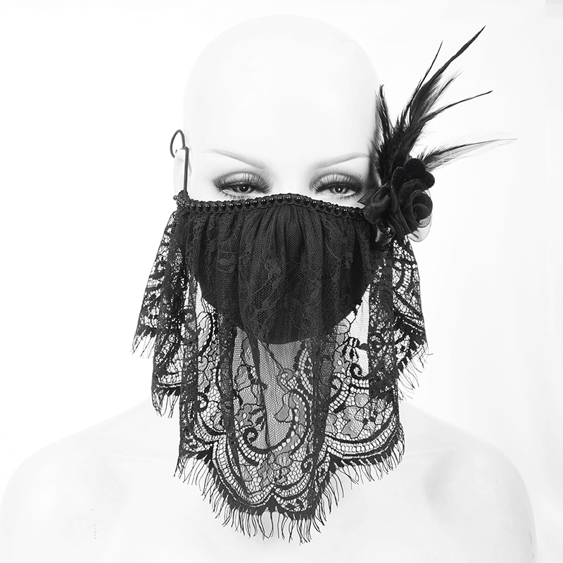 Elegant women's gothic lace veil face mask with a floral accent, perfect for vintage-inspired outfits.