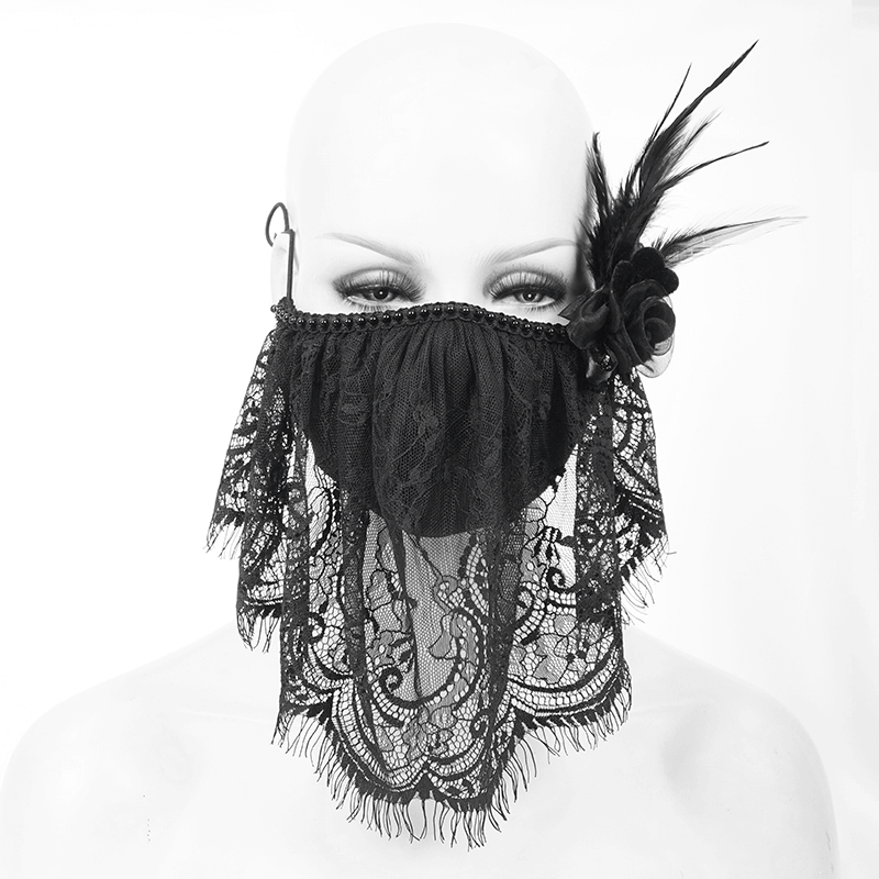 Women's Lace Veil Face Mask With Filter / Elegant Ladies Black Mack With Detachable Flower & Feather - HARD'N'HEAVY