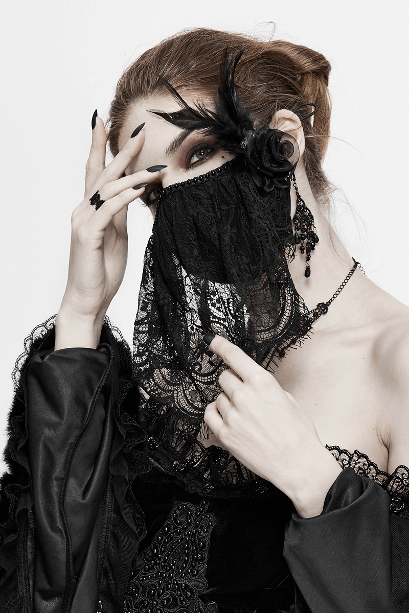 Elegant women's black lace veil face mask with floral details, perfect for gothic vintage styles.