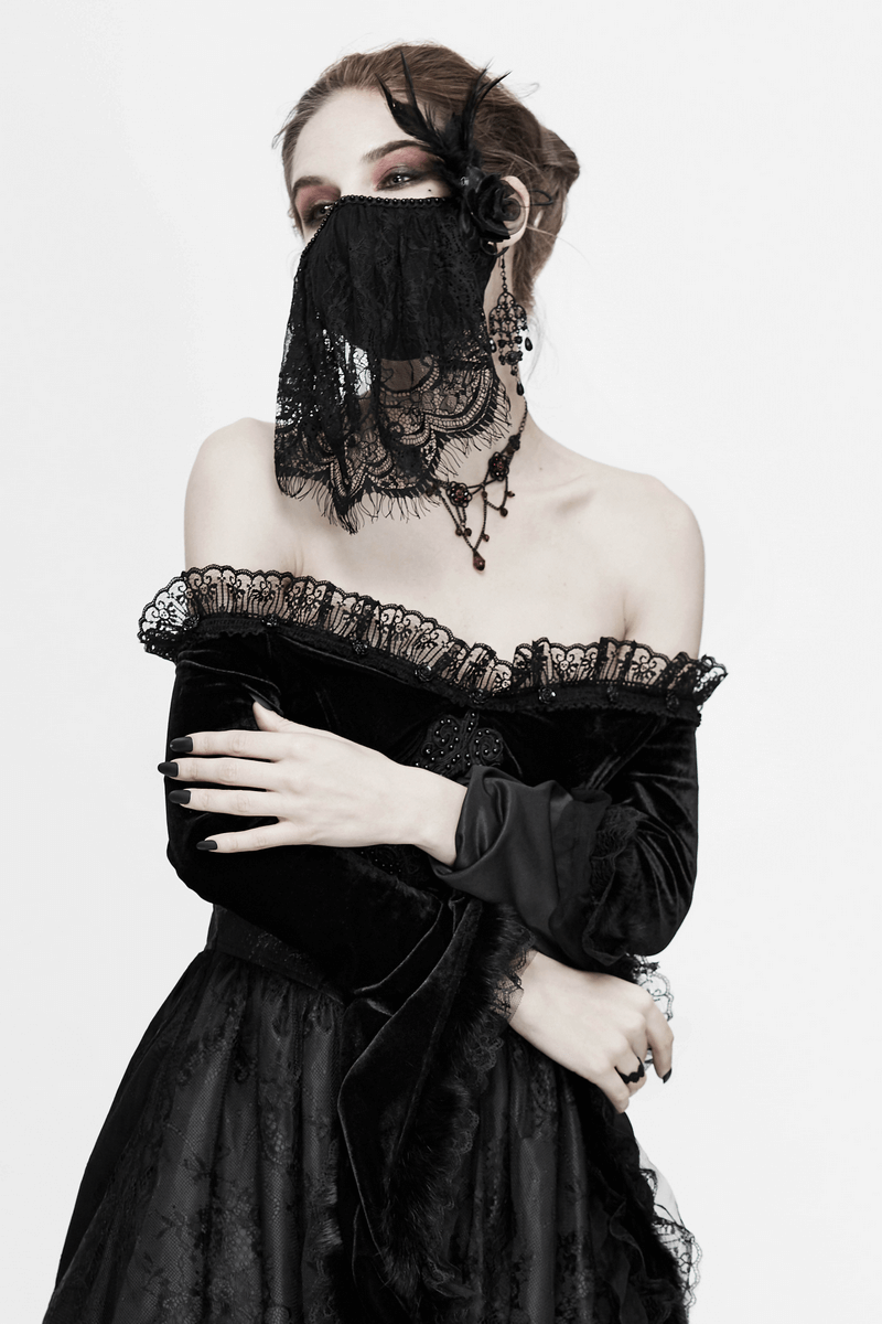Gothic women's lace veil face mask in black, worn elegantly with a vintage off-shoulder dress for a striking look.