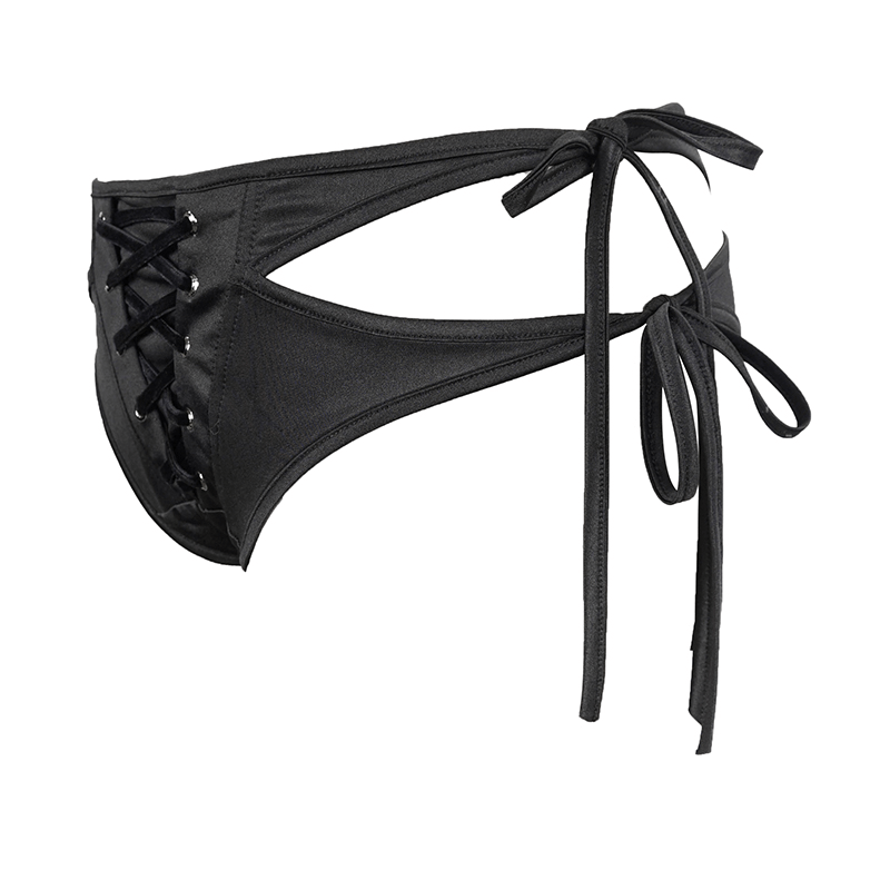 Sleek black bikini bottom with lace-up front and side ribbons for a gothic touch, perfect for a daring swim look.