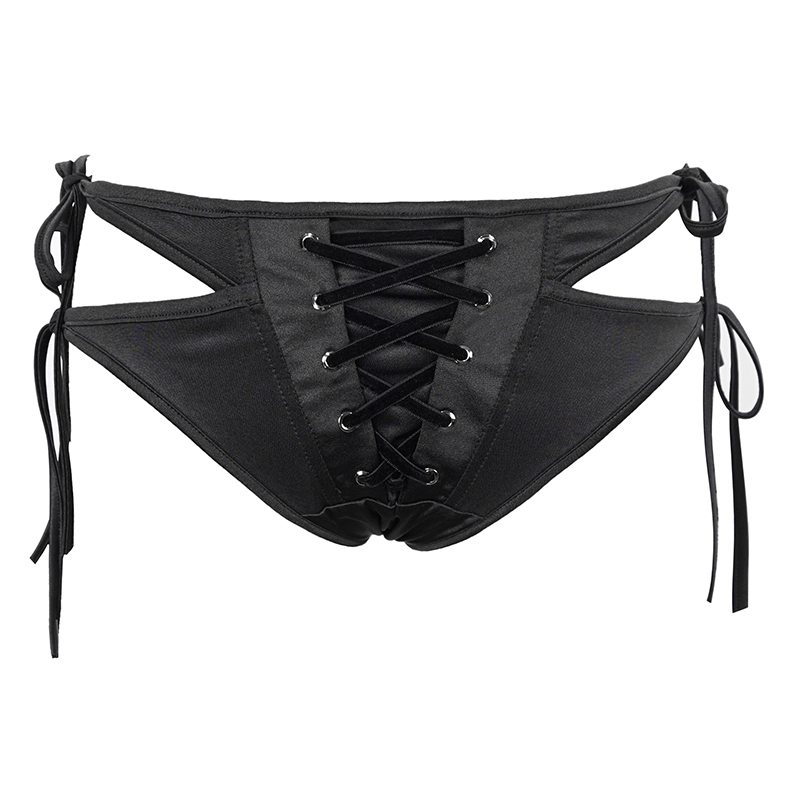 Women's gothic black bikini bottoms with front and back lacing, stylish drawstrings at sides, perfect for a daring swim look.