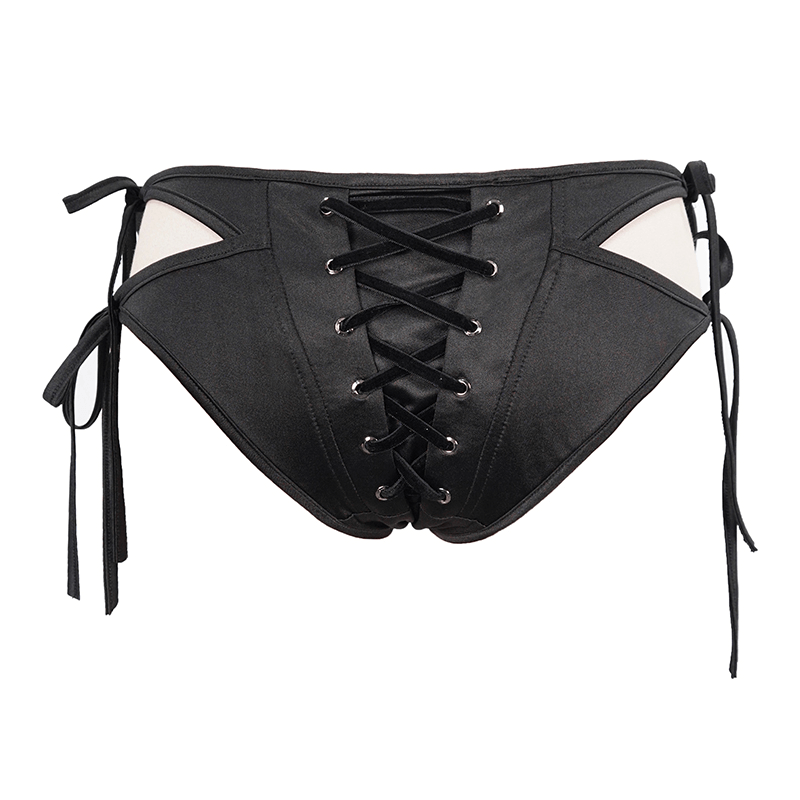 Women's Lacing At The Front & Back Swimming Trunks / Gothic Bikini Bottoms with Ribbons On Sides - HARD'N'HEAVY