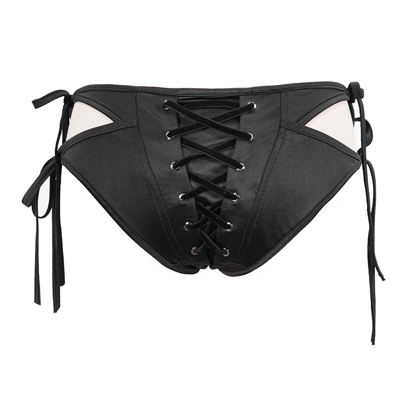 Women's black gothic bikini bottoms with lace-up front and side ribbons, stylish and sexy swimwear.