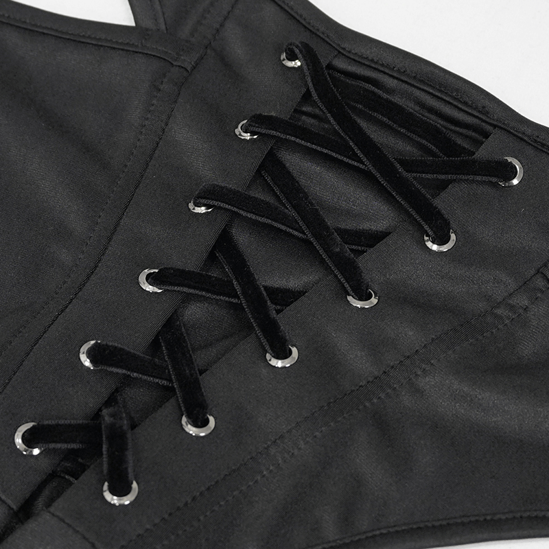 Close-up of women's gothic black bikini with lace-up detail, showcasing the stylish front design and ribbons.