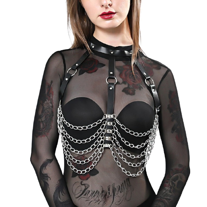 Gothic women's leather body harness featuring silver chain details, perfect for BDSM and edgy fashion.