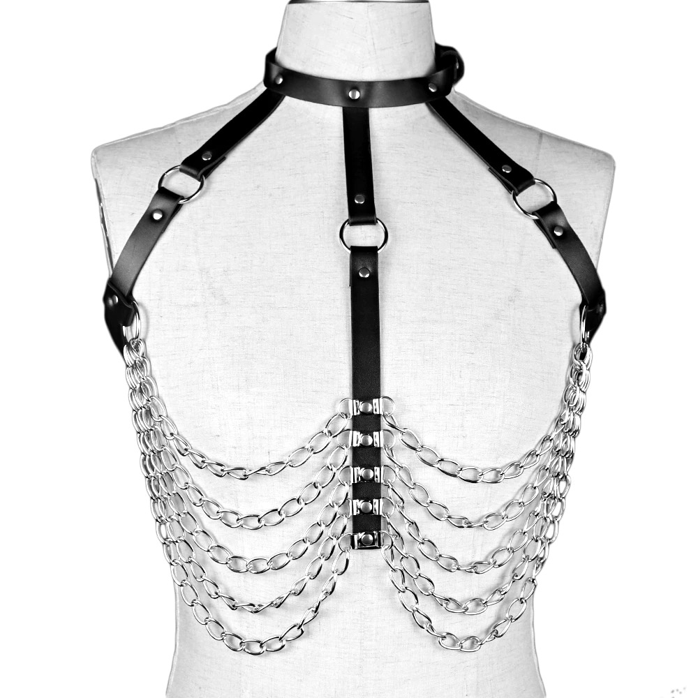 Women's gothic leather body harness with silver chains, perfect for BDSM and sexy lingerie styles.