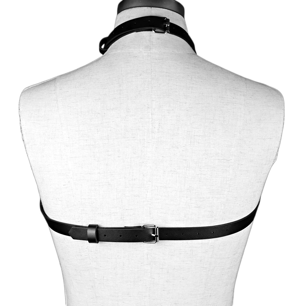 Back view of a women's leather BDSM body harness showcasing adjustable straps and a gothic design for intimate wear.