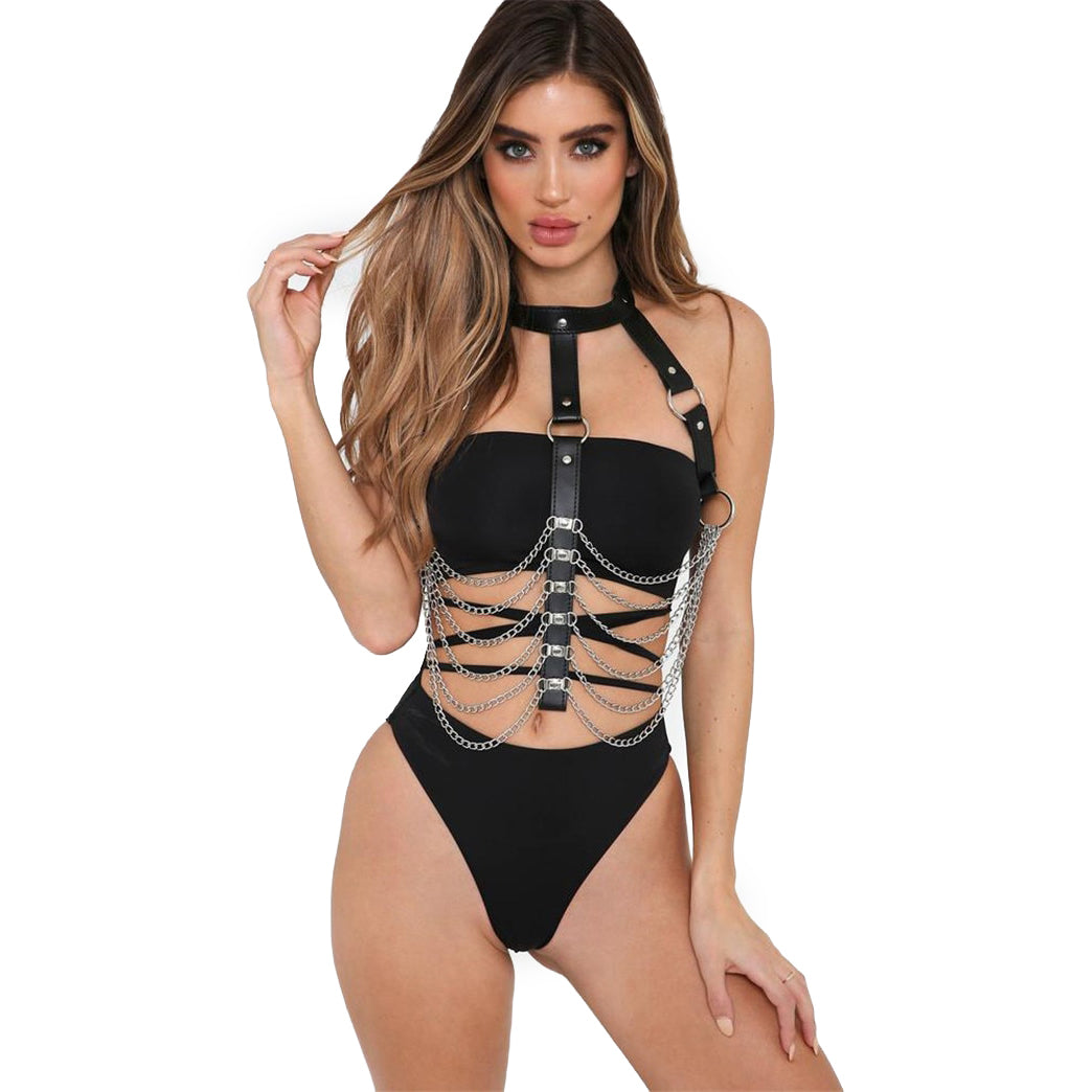 Women's Leather Body Harness / Rave Festival Top With Choker / Sexy Summer Body Harness Fashion - HARD'N'HEAVY