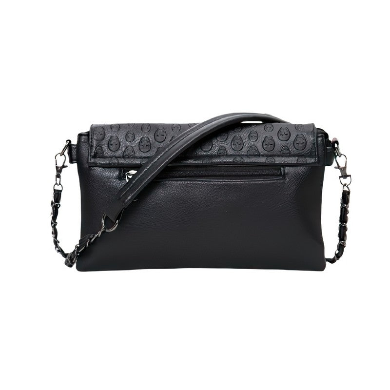 Trendy black leather gothic shoulder bag with skull decorations and stylish chain strap.