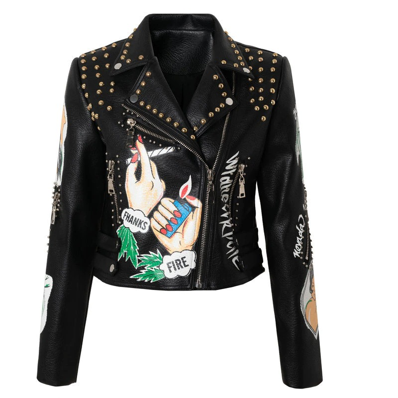 Women's Leather Motorcyle Jacket in Punk style / Female Black Jackets of Color Print and Rivets - HARD'N'HEAVY
