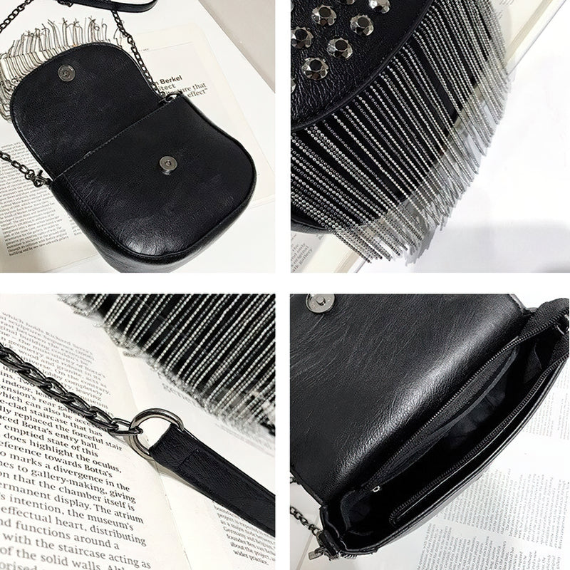 Stylish women's leather shoulder bag with diamond decorations and fringe, perfect for casual outfits.