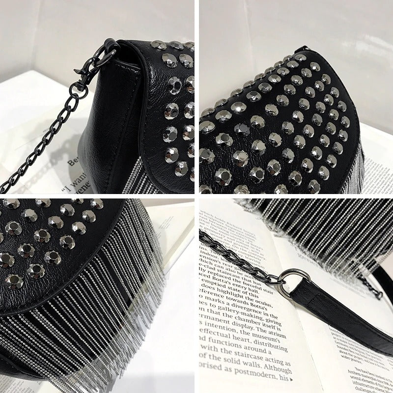 Stylish women's leather shoulder bag with diamond decorations and fringe, perfect for casual outfits.