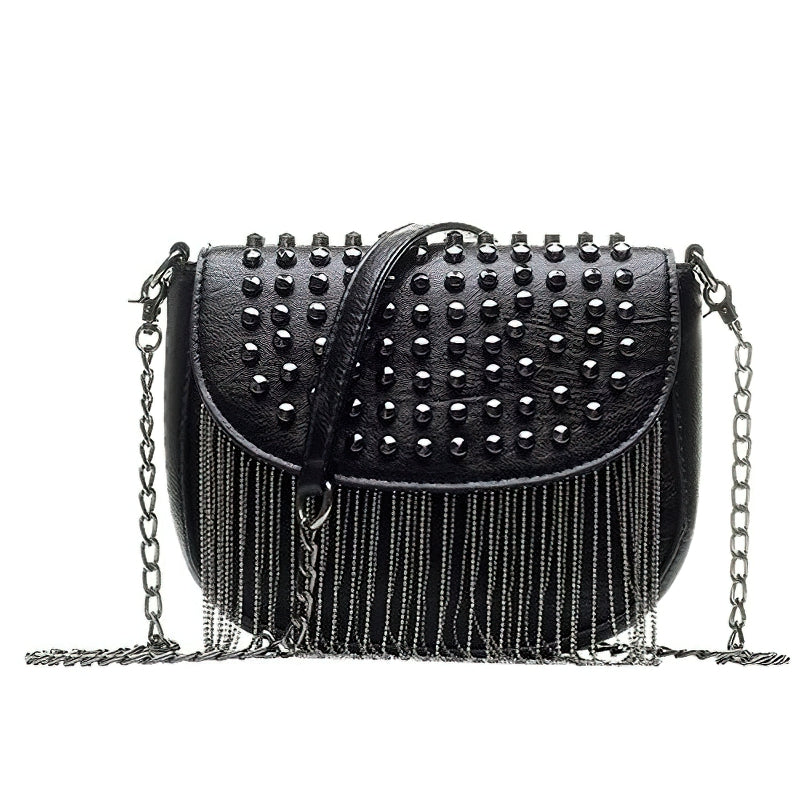 Stylish women's leather shoulder bag with rivets and chain detail, perfect for casual outings and elevating any outfit.